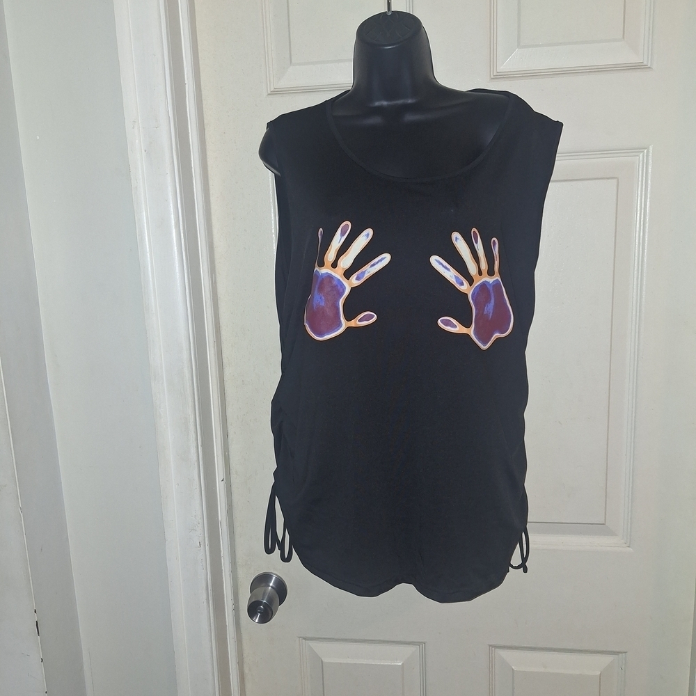 SHEIN Black and Purple Muscle Tee with Handprint Design